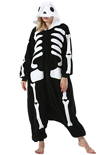 ULEEMARK Damen Jumpsuit Onesie Tier Fasching Halloween Kostüm Lounge Sleepsuit Herren Cosplay Overall Pyjama Schlafanzug Erwachsene Unisex Skelett for XL von ULEEMARK