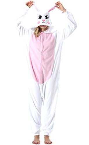 ULEEMARK Damen Jumpsuit Onesie Tier Fasching Halloween Kostüm Lounge Sleepsuit Herren Cosplay Overall Pyjama Schlafanzug Erwachsene Unisex Weiß Hase for S von ULEEMARK