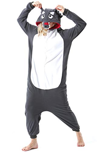ULEEMARK Damen Jumpsuit Onesie Tier Fasching Halloween Kostüm Lounge Sleepsuit Herren Cosplay Overall Pyjama Schlafanzug Erwachsene Unisex Wolf for L von ULEEMARK