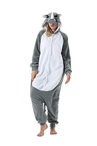 ULEEMARK Halloween Tier Onesies Kostüm Cosplay Pyjama Unisex Erwachsene Graues Nashorn XL(178-187CM) von ULEEMARK