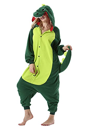 ULEEMARK Halloween Tier Onesies Kostüm Cosplay Pyjama Unisex Erwachsene Grüner Dinosaurier XL(178-187CM) von ULEEMARK