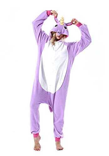 ULEEMARK Halloween Tier Onesies Kostüm Cosplay Pyjama Unisex Erwachsene Lila Einhorn L(168-177CM) von ULEEMARK