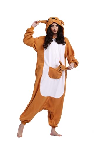 ULEEMARK Känguru Ganzkörper Kostüm Tierkostüm Erwachsene Damen Herren Pyjama Jumpsuit Unisex Karneval Kostüm Halloween Originalität Fasching Onesie M von ULEEMARK
