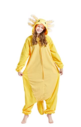 ULEEMARK Onesie Tier Damen Sleepwear Erwachsene Hoodie Tier Pyjamas Gelb-Axolotl-XL(178-187CM) von ULEEMARK