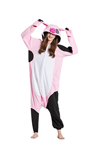 ULEEMARK Onesie Tier Damen Sleepwear Erwachsene Hoodie Tier Pyjamas Schwarzfleckiges Schwein-XL(178-187CM) von ULEEMARK