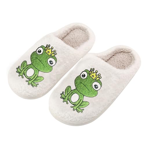 ULEL Damen Herren Süße Frosch Hausschuhe Fuzzy Memory Foam Kawaii Cartoon Tier Hausschuhe Winter Warme Flauschige Schuhe, frosch, 6.5-7 Women/5.5-6 Men von ULEL