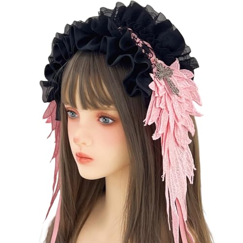 Gothic Haarschmuck mit weicher Spitze und Metallkreuzen Dekoration Gothic Spitze Haarband für Punk Styles Kopfschmuck von ULIJTH