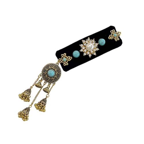 Schwarze Samt-Haarspange mit blauen türkisfarbenen Quasten, ethnischer Stil, Damen-Kopfbedeckung, elegantes Hochzeits-Haarteil von ULIJTH