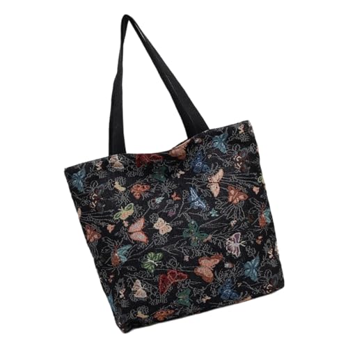 ULIJTH Ästhetische Tragetasche für Damen, wiederverwendbare Schultertasche, aus Segeltuch, zum Einkaufen, für Lebensmittel, Arbeitsbuch, großes Fassungsvermögen, Strandtuch, Leinentasche, Schwarz von ULIJTH