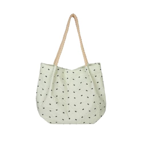 ULIJTH Moderne Leinentasche mit Blumenmuster und geflochtenem Riemen, große Kapazität, wiederverwendbare Einkaufstasche für Damen, großes Fassungsvermögen, grün, One Size von ULIJTH