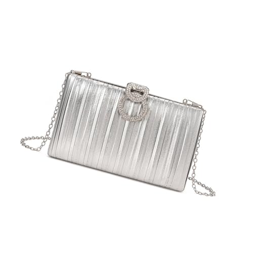 ULIJTH Modische Damen-Abendtasche mit zerknitterter Textur, mit dekorativen Strasssteinen, praktische Innentaschen, schimmernde, plissierte Abendtasche, silber, One Size von ULIJTH