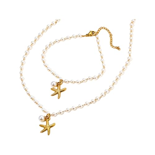 ULIJTH Perlen-Halskette mit Seestern-Anhänger, Edelstahl, verstellbar, Badeanzug-Accessoires, Strandurlaub-Schmuck-Set von ULIJTH