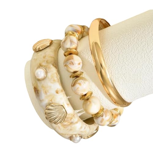 ULIJTH Set mit 3 stapelbaren Armreifenarmbändern mit Meeresanhänger, mit Muschelakzent, bequemer Kunstharz-Schmuck für den täglichen Gebrauch, Party, mehrsträngig, Einheitsgröße, Wie beschrieben von ULIJTH