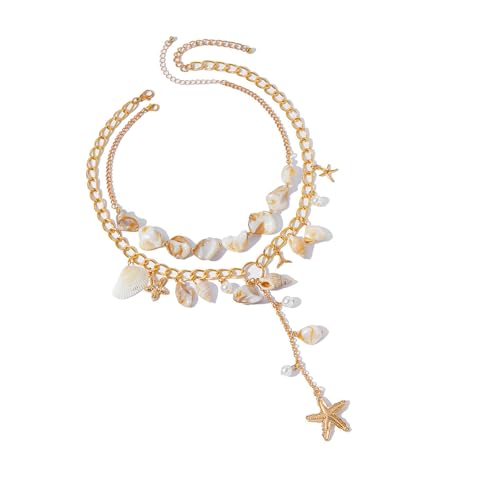 ULIJTH Stapelbare Halskette mit Kunstperlen und Muscheln, 90er-Jahre-Schmuck für legere oder formelle Anlässe, vielseitige Strand-Halskette von ULIJTH