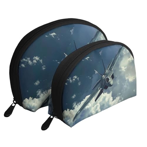 Flying Airplane Printing Shell Makeup Bag Set 2-teiliges Kosmetiktaschen Tragbare Reise Make-up Aufbewahrungstasche für Frauen Mädchen, weiß, Einheitsgröße, Kosmetiktasche von ULKMFFCF