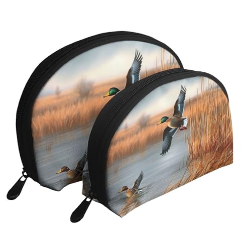 Jagd fliegende wilde Ente 1 bedruckte Muschel-Make-up-Taschen-Set 2-teiliges Kosmetiktaschen-Set tragbare Reise-Make-up-Aufbewahrungstasche für Frauen und Mädchen, weiß, Einheitsgröße, Kosmetiktasche von ULKMFFCF