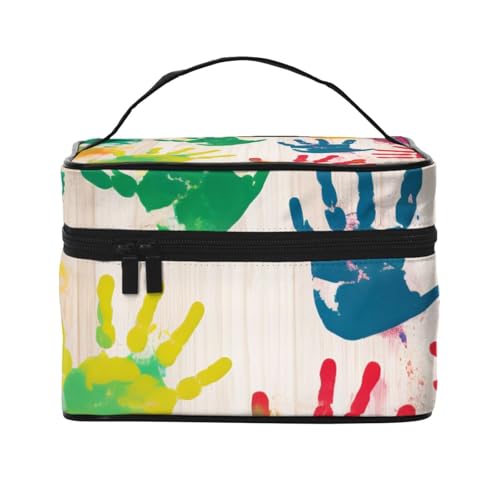 Kinder-Make-up-Tasche mit Handabdruck, tragbare Reise-Kosmetiktasche, Make-up-Organizer, Kosmetiktasche mit Innentasche und Griff von ULKMFFCF