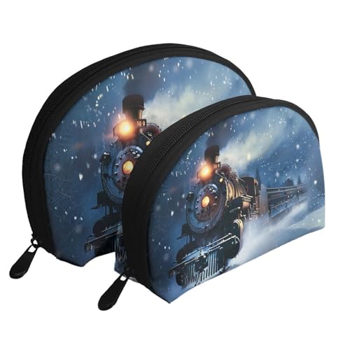 Kosmetiktaschen-Set für den Winter, Weihnachten, Schnee, Nacht, Eisenbahn, Zug, Druck, Muschel, Make-up-Tasche, 2-teiliges Set, tragbare Reise-Make-up-Aufbewahrungstasche für Frauen und Mädchen, weiß, von ULKMFFCF