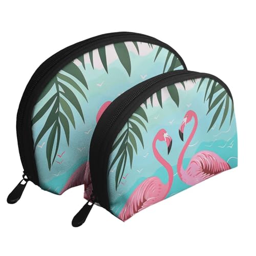 Kosmetiktaschen-Set mit Palmblatt- und Flamingo-Paar-Druck, Muschel-Design, 2-teilig, tragbare Reise-Make-up-Aufbewahrungstasche für Frauen und Mädchen, weiß, Einheitsgröße, Kosmetiktasche von ULKMFFCF