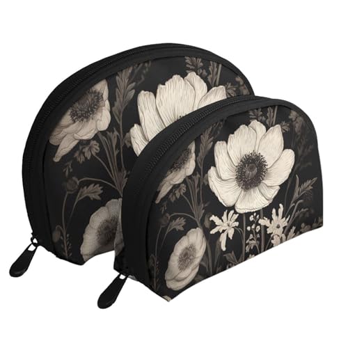 Kosmetiktaschen-Set mit weihnachtlichem Stranddruck, 2-teilig, tragbare Reise-Make-up-Aufbewahrungstasche für Frauen und Mädchen, Blühende Blumen schwarz, Einheitsgröße, Kosmetiktasche von ULKMFFCF