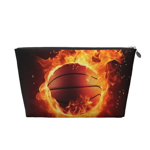 Kulturbeutel für Damen und Mädchen, Motiv: Basketball auf Feuer, Flamme und Spritzwasser, tragbare Reise-Kosmetiktasche, Make-up-Tasche, Organizer mit goldfarbenem Reißverschluss, silber, von ULKMFFCF