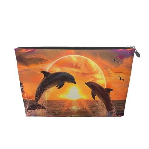 Kulturbeutel mit Delfin-Motiv, bedruckt, für Damen und Mädchen, tragbare Reise-Kosmetiktasche, Leder, Make-up-Tasche, Organizer mit goldfarbenem Reißverschluss, silber, Einheitsgröße, Kulturbeutel von ULKMFFCF