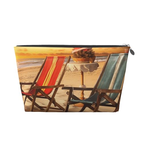 Kulturbeutel mit Strandkorb-Szenen, bedruckt, für Damen und Mädchen, tragbare Reise-Kosmetiktasche, Leder-Make-up-Tasche, Organizer mit goldfarbenem Reißverschluss, silber, Einheitsgröße, Kulturbeutel von ULKMFFCF