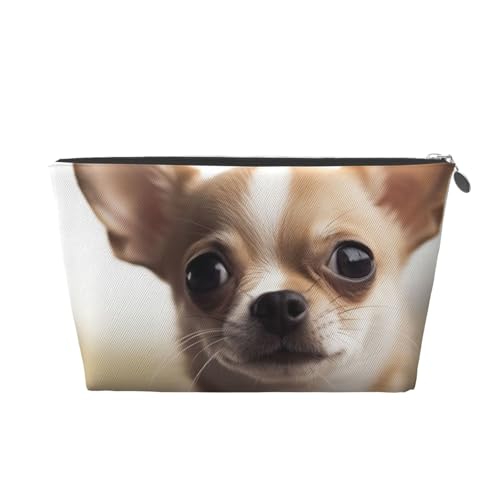 Kulturbeutel mit lustigem Chihuahua-Aufdruck für Damen und Mädchen, tragbare Reise-Kosmetiktasche, Leder, Make-up-Tasche, Organizer mit goldfarbenem Reißverschluss, silber, Einheitsgröße, Kulturbeutel von ULKMFFCF