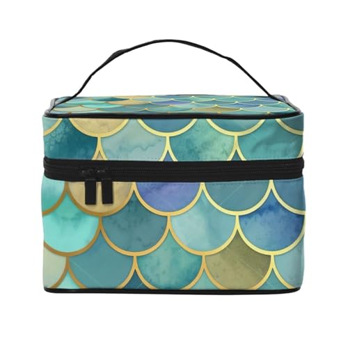 Make-up-Tasche für Damen, goldfarben, Meerjungfrauen-Schuppen-Druck, tragbare Reise-Kosmetiktasche, Make-up-Organizer, Kosmetiktasche mit Innentasche und Griff Make-up-Tasche für Damen, goldfarben, Meerjungfrauen-Schuppen-Druck, tragbare Reise-Kosmetiktasche, Make-up-Organizer, Kosmetiktasche mit Innentasche und Griff von ULKMFFCF