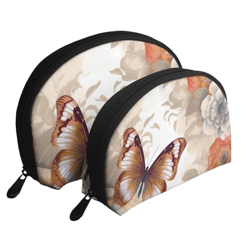 Make-up-Taschen-Set mit goldenem Ananas-Druck, 2-teilig, tragbare Reise-Make-up-Aufbewahrungstasche für Frauen und Mädchen, Blumenmuster mit Schmetterling, Einheitsgröße, Kosmetiktasche von ULKMFFCF