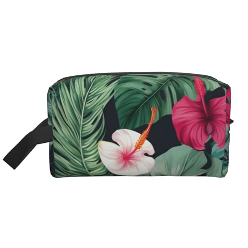 Manta Ray and Fish Printing Tragbare Make-up-Tasche für Damen und Mädchen, großes Fassungsvermögen, Reise-Kosmetiktasche, Make-up-Tasche, Organizer mit Griff, Hojas Tropicales Y Flores, Einheitsgröße von ULKMFFCF