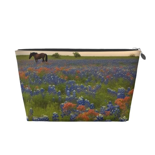 Texas Bluebonnets Kulturbeutel mit Landschaftsdruck für Damen und Mädchen, tragbare Reise-Kosmetiktasche, Leder-Make-up-Tasche, Organizer mit goldfarbenem Reißverschluss, silber, Einheitsgröße, von ULKMFFCF