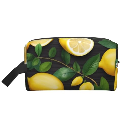 Tragbare Make-up-Tasche mit Libellen-Druck, für Damen und Mädchen, großes Fassungsvermögen, Reise-Kosmetiktasche, Make-up-Tasche, Organizer mit Griff, Schwarz und Blau, Kunst-Zitronenmuster von ULKMFFCF
