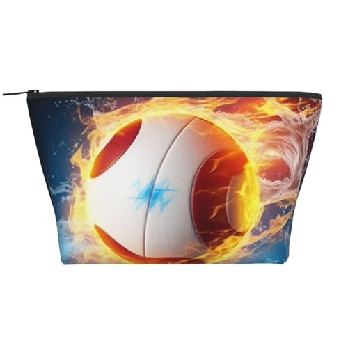 Trapez-Make-up-Tasche für Damen und Mädchen, Motiv: Volleyball mit Feuer und Eis, große Kapazität, tragbare Reise-Kosmetiktasche, Make-up-Tasche, Schwarz , Einheitsgröße, Kosmetiktasche von ULKMFFCF