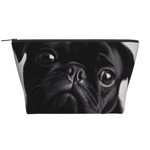 Trapez-Make-up-Tasche für Damen und Mädchen, großes Fassungsvermögen, tragbare Reise-Kosmetiktasche, Make-up-Tasche, Organizer, Süßer schwarzer Mops, Einheitsgröße, Kosmetiktasche von ULKMFFCF