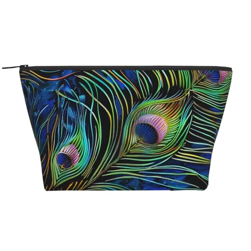 Trapez-Make-up-Tasche mit Pfauenfeder-Druck, für Damen und Mädchen, großes Fassungsvermögen, tragbare Reise-Kosmetiktasche, Make-up-Tasche, Organizer, Schwarz , Einheitsgröße, Kosmetiktasche von ULKMFFCF