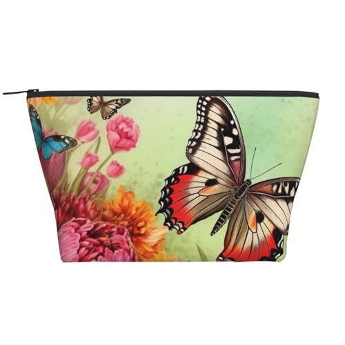 Trapez-Make-up-Tasche mit blauem Schmetterlings- und Blumendruck, für Damen und Mädchen, große Kapazität, tragbare Reise-Kosmetiktasche, Make-up-Tasche, Schwarz , Einheitsgröße, Kosmetiktasche von ULKMFFCF
