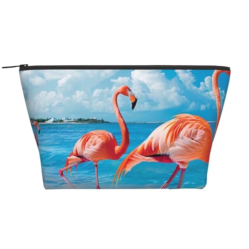 Trapez-Make-up-Tasche mit niedlichem Flamingo am Strand, für Damen und Mädchen, große Kapazität, tragbare Reise-Kosmetiktasche, Make-up-Tasche, Schwarz , Einheitsgröße, Kosmetiktasche von ULKMFFCF