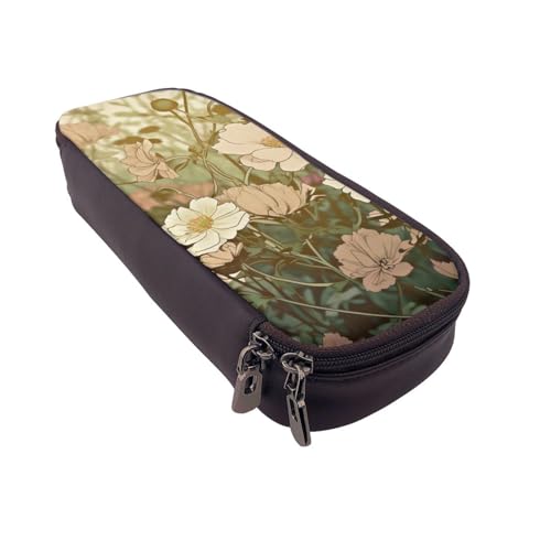 ULKMFFCF Bedrucktes Federmäppchen mit Nachtlandschaft – PU-Leder für Studenten, Schreibwaren, Federmäppchen mit Reißverschluss, für Schule, Büro, Reisen und Make-up, Naturblumen, Einheitsgröße von ULKMFFCF