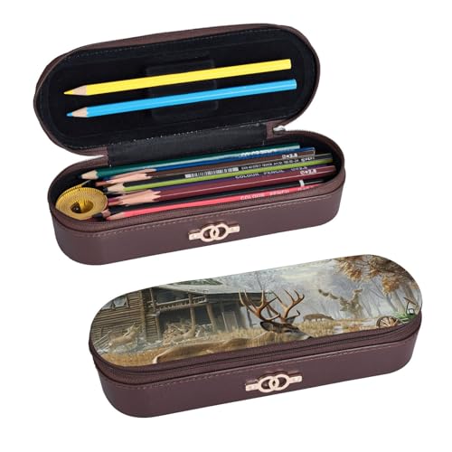 ULKMFFCF Bedrucktes Hartschalen-Federmäppchen mit Hirschjagd-Motiv – PU-Leder, Studenten, Schreibwaren-Tasche, Bleistiftbox mit Reißverschluss für Schule, Büro, Reisen und Make-up, Schwarz , von ULKMFFCF