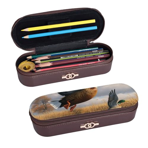 ULKMFFCF Bedrucktes Hartschalen-Federmäppchen mit Jagd-Motiv "Fliegende Wildenten am See" – PU-Leder für Studenten, Schreibwaren, Federmäppchen mit Reißverschluss, für Schule, Büro, Reisen und von ULKMFFCF