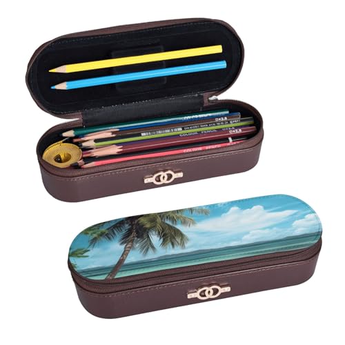 ULKMFFCF Bedrucktes Hartschalen-Federmäppchen mit Strandpalme – PU-Leder, Studenten, Schreibwaren-Tasche, Stiftebox mit Reißverschluss, für Schule, Büro, Reisen und Make-up, Schwarz , Einheitsgröße, von ULKMFFCF