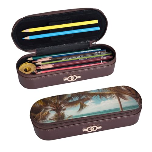 ULKMFFCF Bedrucktes Hartschalen-Federmäppchen mit Strandpalmen – PU-Leder, Studenten, Schreibwaren-Tasche, Stiftebox mit Reißverschluss, für Schule, Büro, Reisen und Make-up, Schwarz , Einheitsgröße, von ULKMFFCF