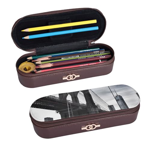 ULKMFFCF Brooklyn Bridge bedrucktes Hartschalen-Federmäppchen, Stiftetasche – PU-Leder, Studenten, Schreibwaren-Tasche, Stiftebox mit Reißverschluss, für Schule, Büro, Reisen und Make-up, Schwarz , von ULKMFFCF