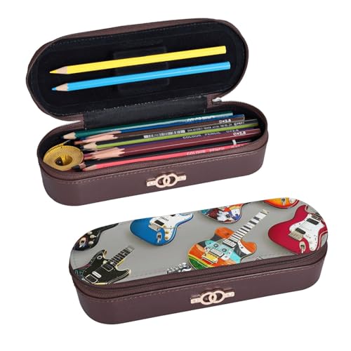 ULKMFFCF Bunte Gitarren 1 bedrucktes Hartschalen-Federmäppchen, Stiftetasche – PU-Leder, Studenten, Schreibwaren-Tasche, Stiftebox mit Reißverschluss, für Schule, Büro, Reisen und Make-up, Schwarz , von ULKMFFCF