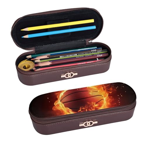 ULKMFFCF Federmäppchen, Motiv: Basketball auf Feuer, mit Flamme, bedrucktes Hartschalen-Federmäppchen – PU-Leder, Studenten, Schreibwaren-Tasche, Stiftebox mit Reißverschluss, für Schule, Büro, Reisen von ULKMFFCF