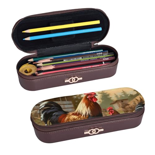 ULKMFFCF Federmäppchen mit Bauernhof-Aufdruck, Motiv: Huhn und Hahn – PU-Leder, Studenten, Schreibwaren-Tasche, Bleistiftbox mit Reißverschluss für Schule, Büro, Reisen und Make-up, Schwarz , von ULKMFFCF
