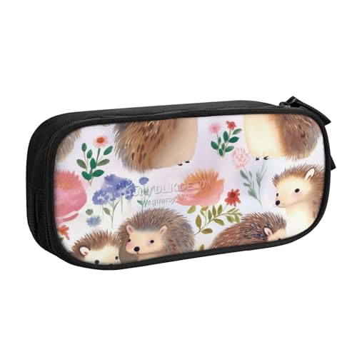 ULKMFFCF Federmäppchen mit Blumenmuster und Igeln, schwarz, niedliches Federmäppchen für Studenten, Schreibwaren, Federmäppchen mit Reißverschluss, für Schule, Büro, Reisen und Make-up, Schwarz von ULKMFFCF