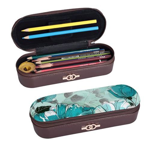 ULKMFFCF Federmäppchen mit Blumenmuster und türkisfarbenem Blumenmuster, Stifteetui aus PU-Leder, für Studenten, Schreibwaren, Federmäppchen mit Reißverschluss, für Schule, Büro, Reisen und Make-up, von ULKMFFCF