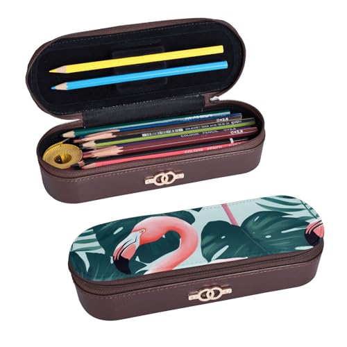 ULKMFFCF Federmäppchen mit Flamingo-Motiv und grünem Blatt-Motiv, PU-Leder, für Studenten, Schreibwaren, Federmäppchen mit Reißverschluss, für Schule, Büro, Reisen und Make-up, Schwarz , von ULKMFFCF